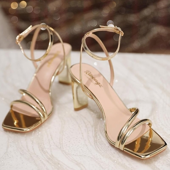 Gold Metallic Block Heel Sandals - Picture 1 of 6